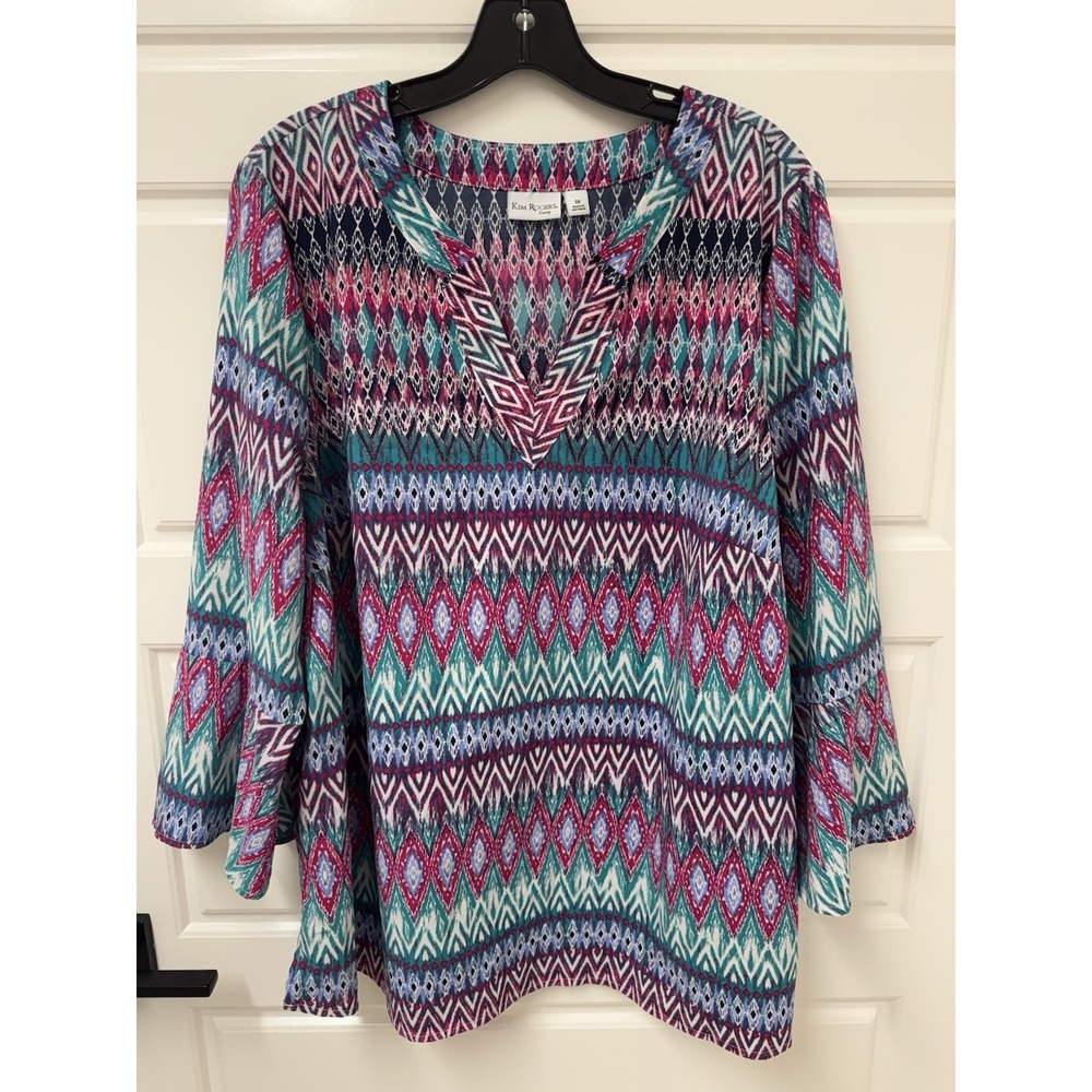 Kim Rogers Curvy Tunic Blouse Womens 1X Multicolor Ikat V-Neck Bell Sleeve Top